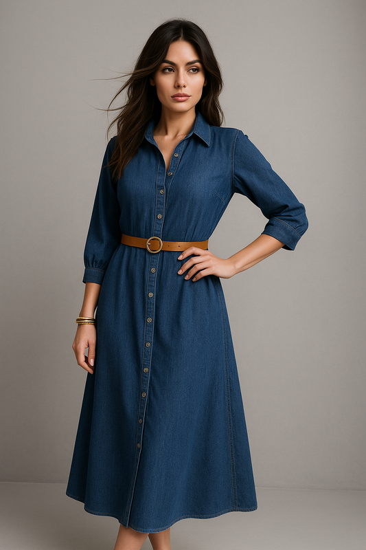 Effortless Denim Maxi Shirt Dress with Belt Detail