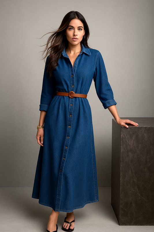 Effortless Denim Maxi Shirt Dress with Belt Detail