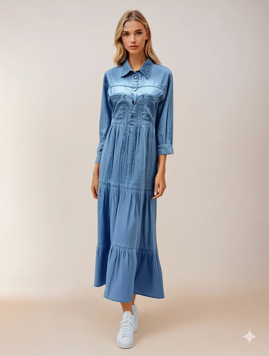 midi dress, shirt dress, denim dress, denim-look dress, tiered dress, three-quarter sleeve dress, collared dress, button-up dress, casual dress, stylish dress, comfortable dress, women's dress, fashion, online shopping, everyday wear, versatile dress.