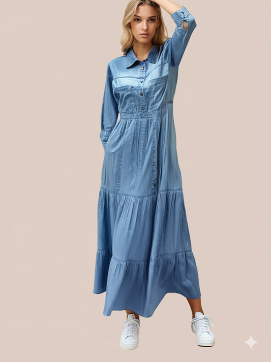 Tiered Denim Midi Shirt Dress